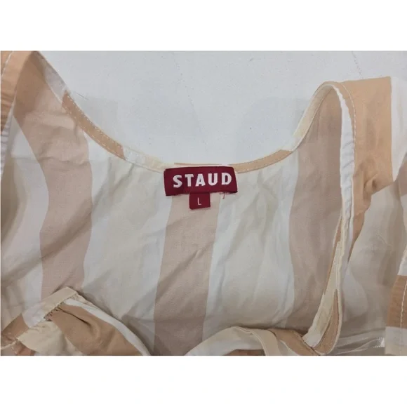 STAUD Marlowe Striped Dress Halter Tie Neck Midi Dress Tan White Size L Womens - Picture 3 of 10